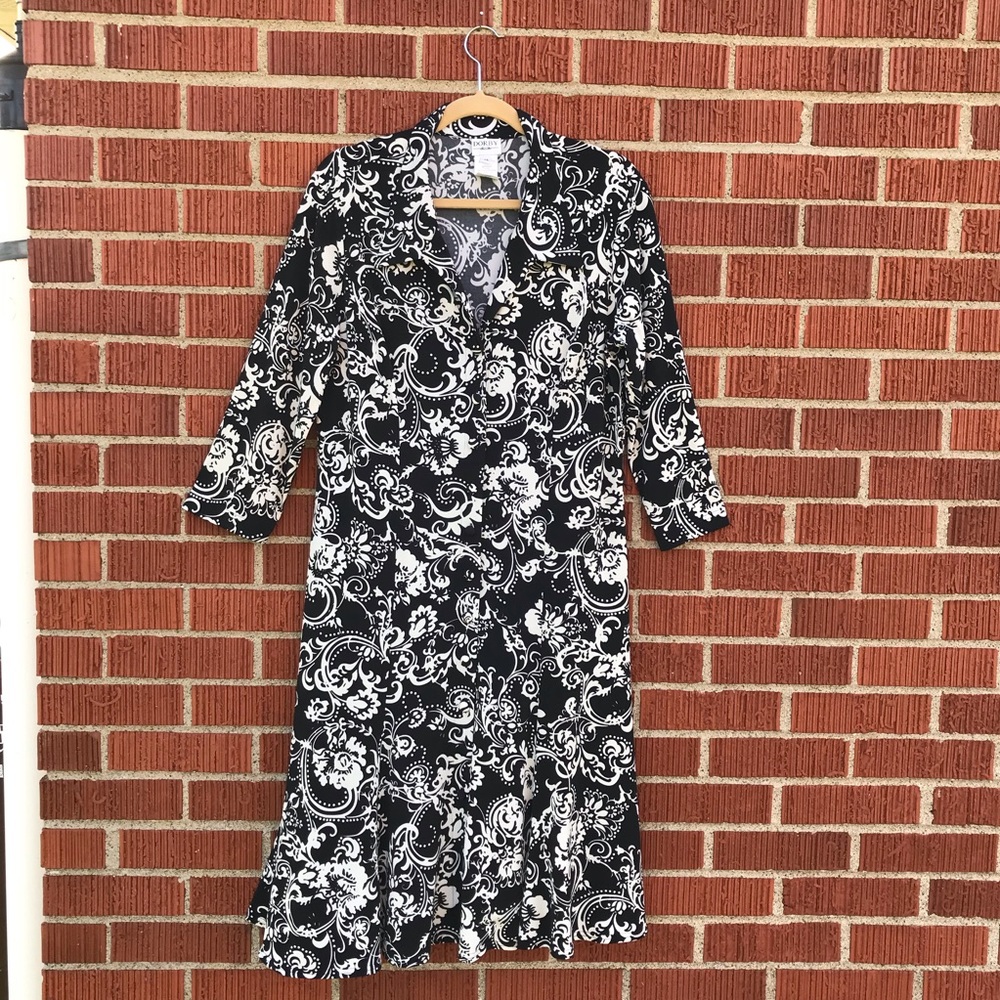 vintage Dorby womens black cream floral dress size 14 buttondown cottage core
